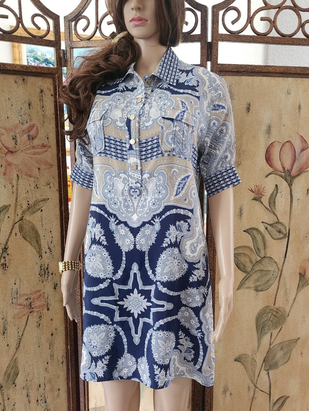 GOLD HAWK | Blue Paisley Print Shirt Dress